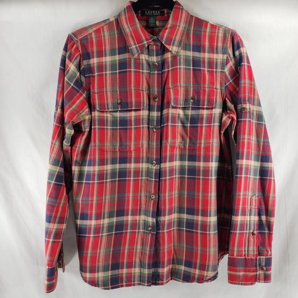 Womens Ralph Lauren Size Small Long Sleeve Red Flannel Button Shirt Cabin Camp